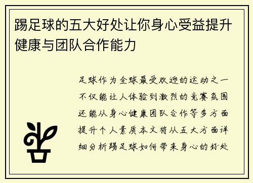 踢足球的五大好处让你身心受益提升健康与团队合作能力